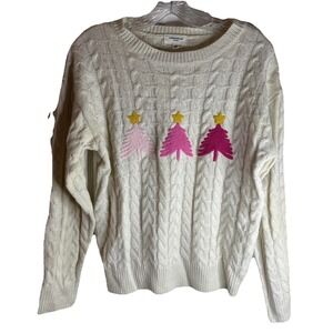 Anniewear Christmas Farm Tree Beige Pink Cable Sweater Small